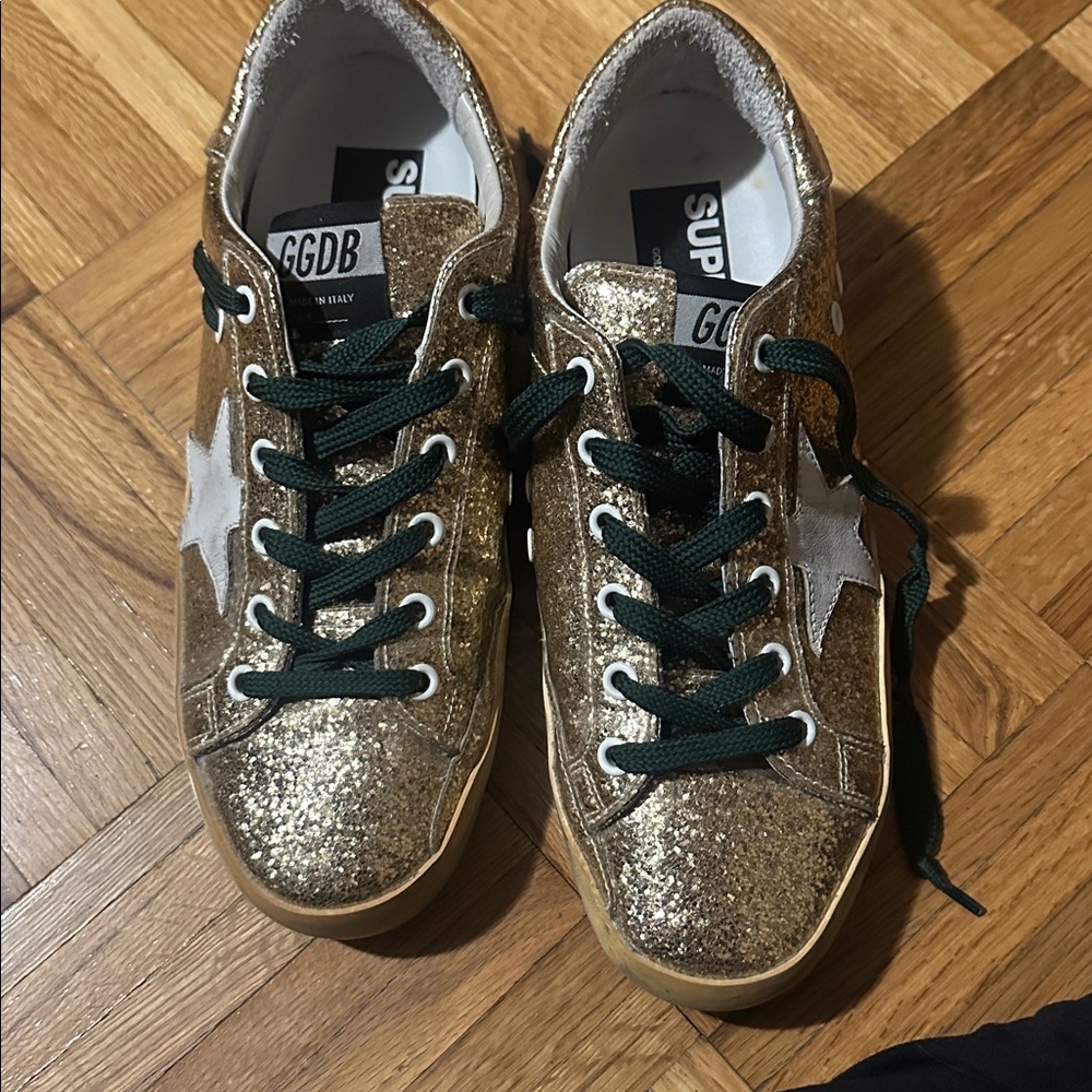 Golden Goose Glittery Gold Sneakers with Dark Green Laces